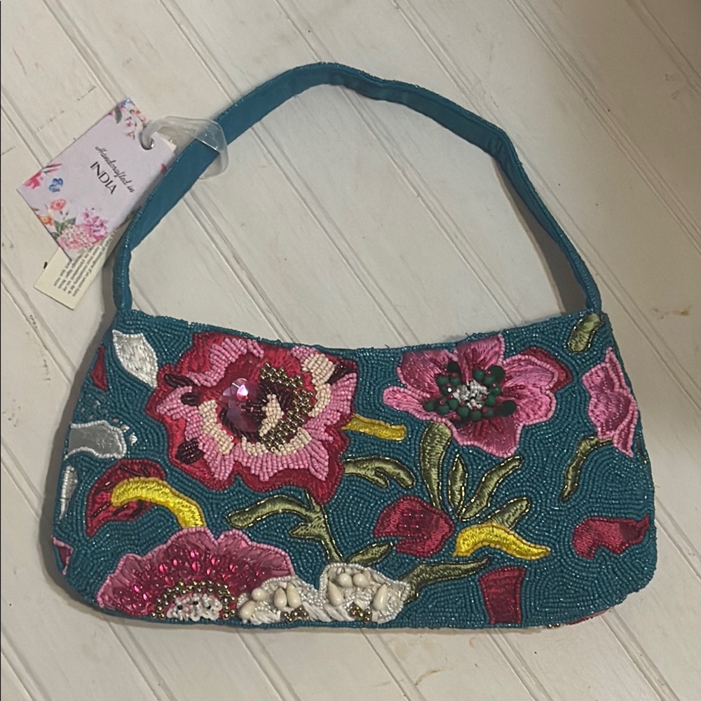 India Boutique Teal Blue and Pink beaded Shoulder Bag with Floral Design